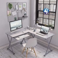 L Shaped Corner Height Adjustable White Wood Custom Made Computer Desk