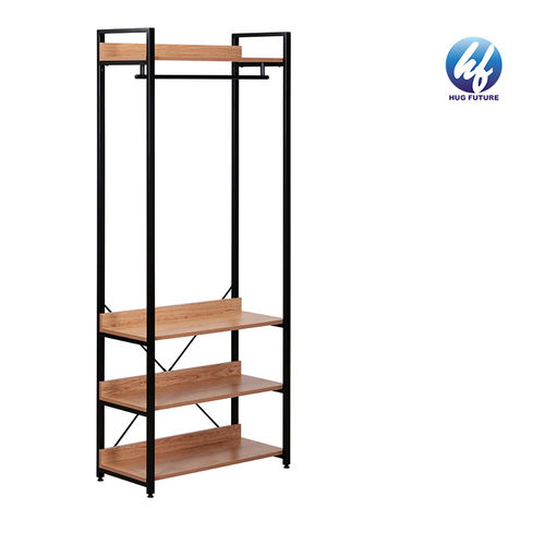 Industrial Wood Wardrobe Garment Rack For Hanging Clothes And Storage