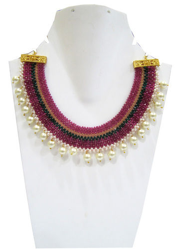 Hand Woven Hand Knitted Beaded Stone Necklace Gold Plated Multi Color