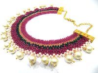 Hand Woven Hand Knitted Beaded Stone Necklace Gold Plated Multi Color