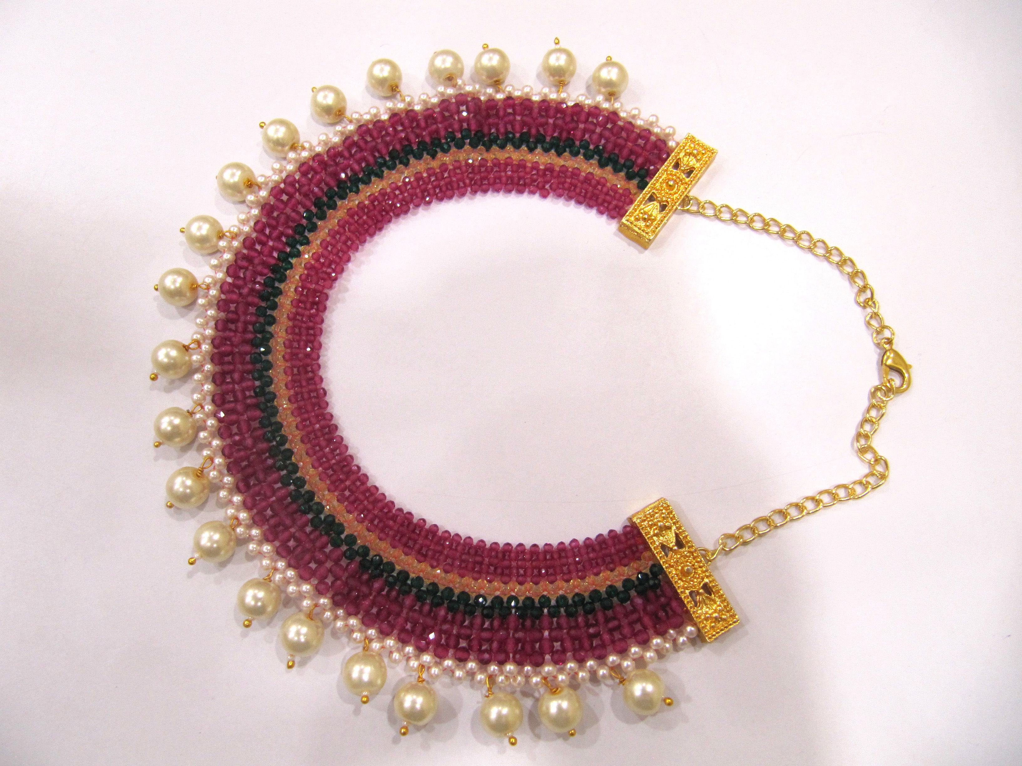 Hand Woven Hand Knitted Beaded Stone Necklace Gold Plated Multi Color