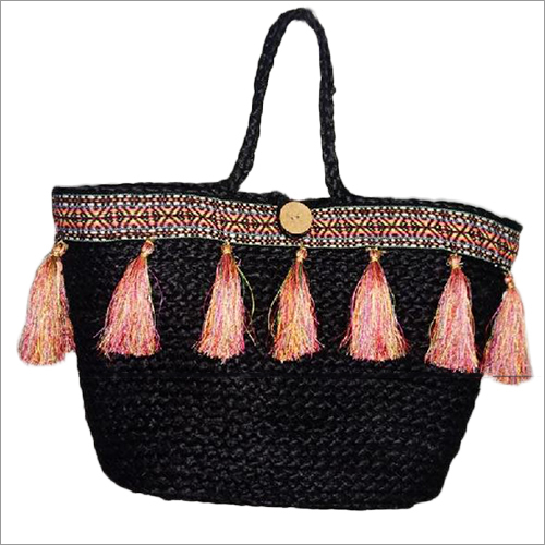 Jute Handbag With Tassel Lace