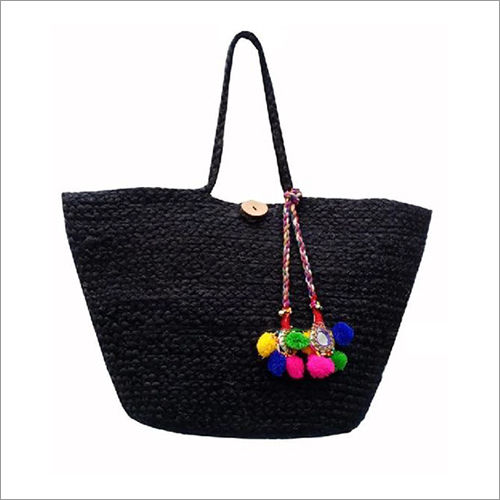 Durable Jute Handbag With Pom Pom Tassel