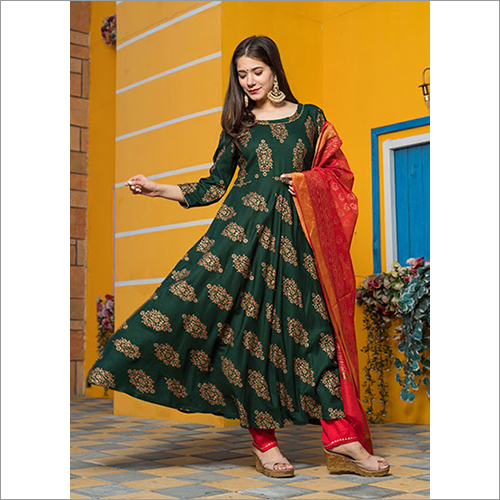 Ladies Leaf Green Gold Kurta Dupatta Set