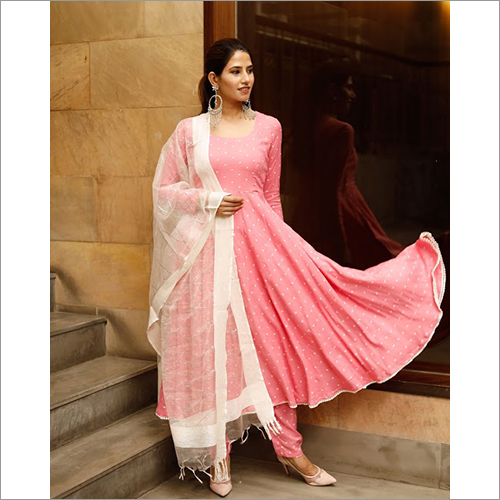Ladies Pink Polka Print Kurta Dupatta Set