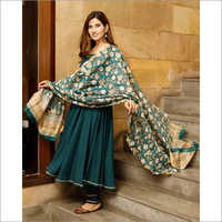 Ladies Teal Green Solid Flared Kurta Set With Hand Block Print Chanderi Dupatta