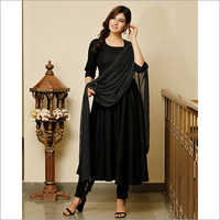 Ladies Jet Black Solid Flared Kurta With Gold Dot Dupatta