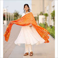 Ladies Bright White Flared Kurta Set With Bandhej Dupatta