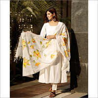 Ladies White Flared Cotton Kurta Set With Hand Paint Chanderi Dupatta