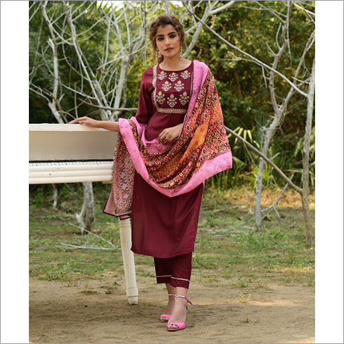 Indian Ladies Maroon Designer Readymade Salwar Kameez Dupatta Set