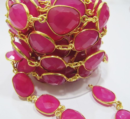 Natural Hot Pink Chalcedony Free Shape Briolette Faceted Bezel Connector Chain