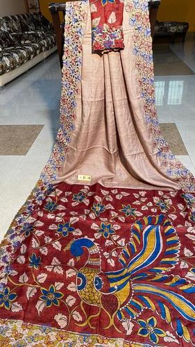 Pure tussar silk cut work saree with pen kalamkari hand painted on pallu .