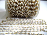 Feet Rice Pearl Beaded Rosary Chain - 4mmx6mm Faux Pearl Suzni Beads, Gold Plated Jewelry Making Gemstone Chain For Necklaces, Earrings, Bracelets