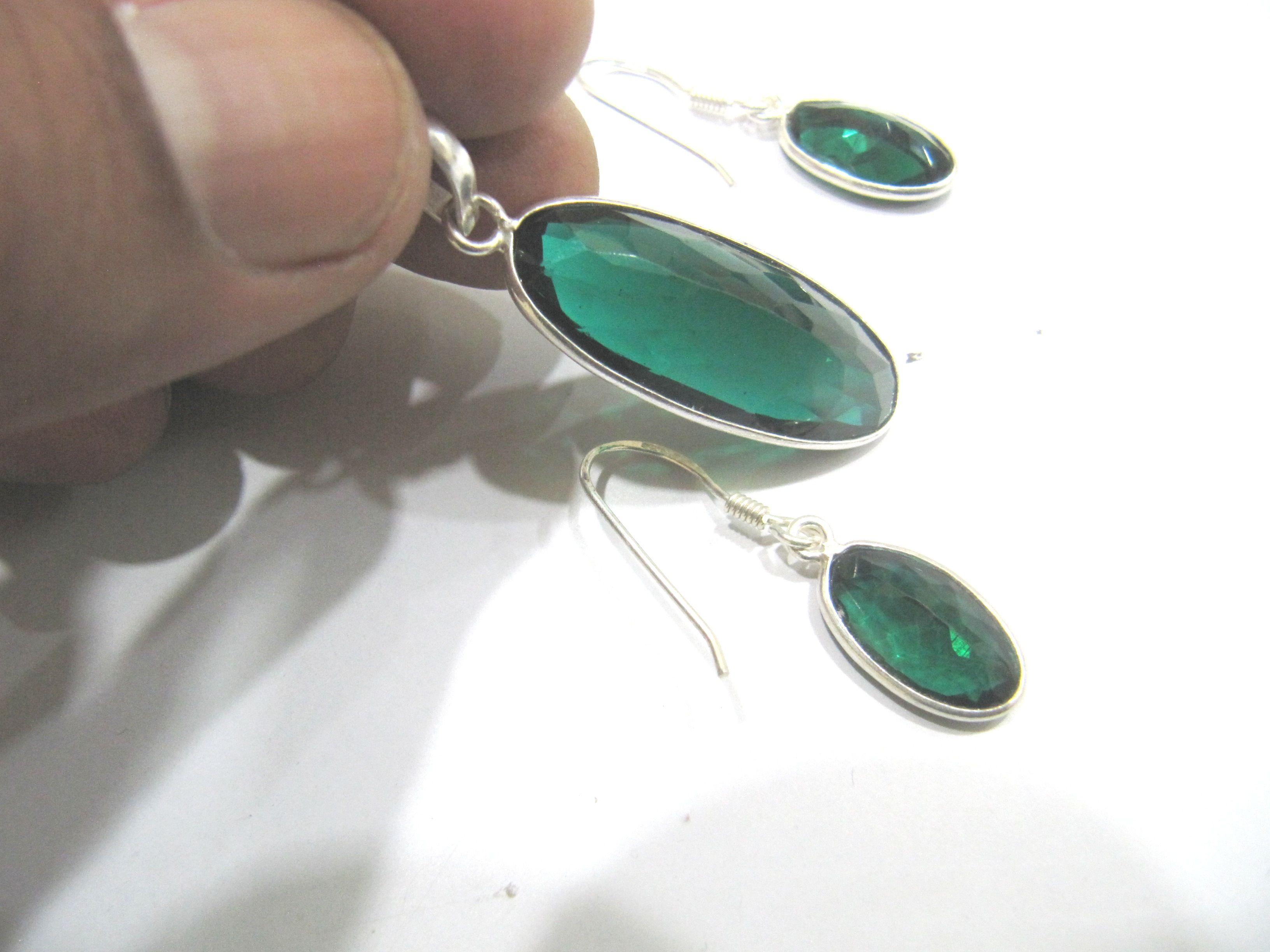 925 Sterling Silver Stamped Pendant Set Green Tourmaline Color Gemstone