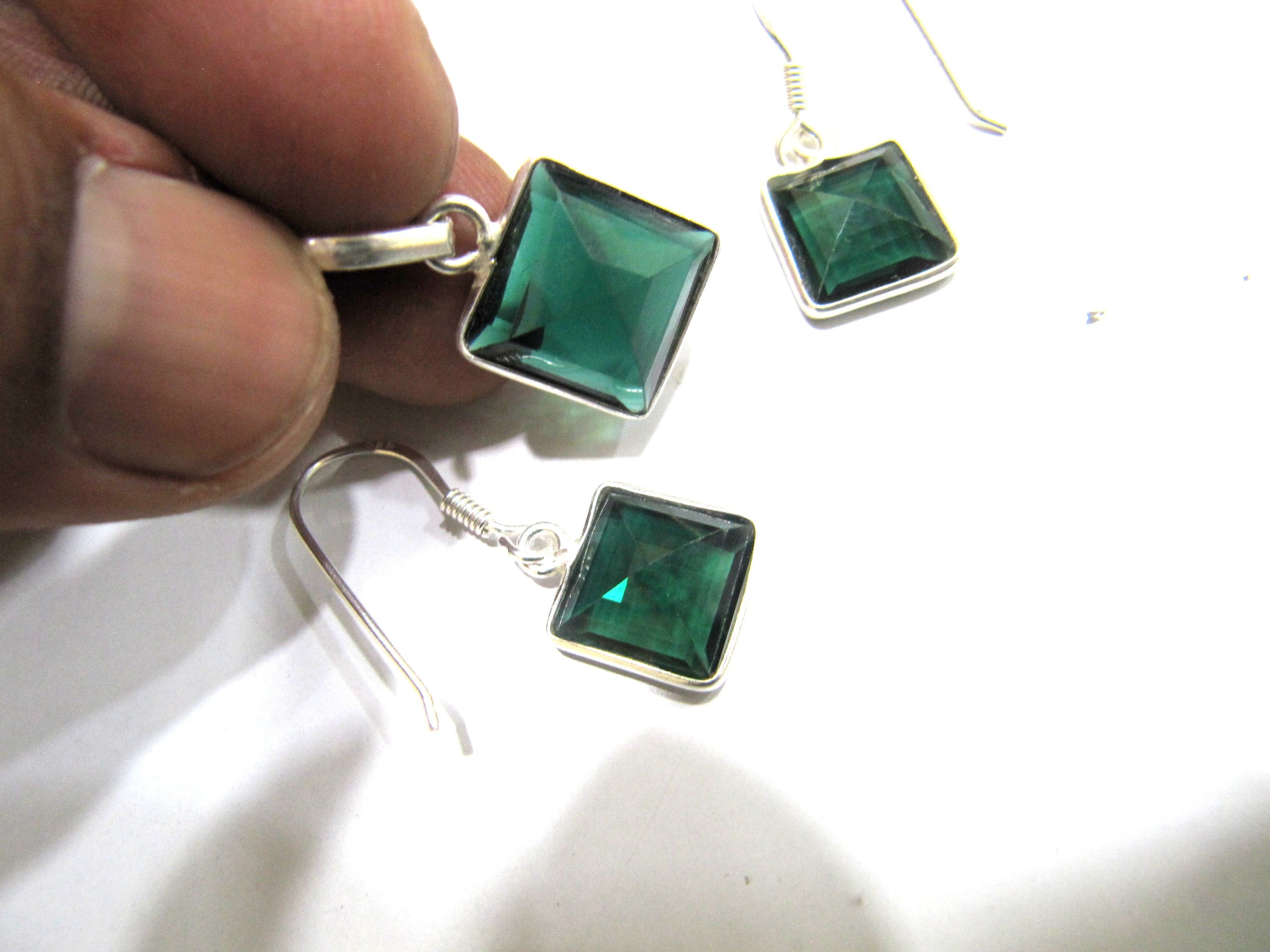 925 Sterling Silver Stamped Pendant Set Green Tourmaline Color Gemstone