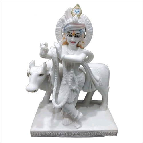 Indian Marble Krishna With Cow Statue