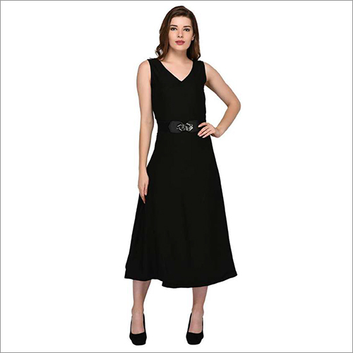 Ladies Black Long Dress - Cotton Blend, Sizes S-XL | Washable, All Season, Sleeveless Design