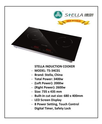 Black Stella Ts 34C01 Double Induction Cooker Drop In 3400 Watts