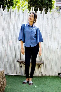 Woven Blue Flaired Bell Sleeved Shirt