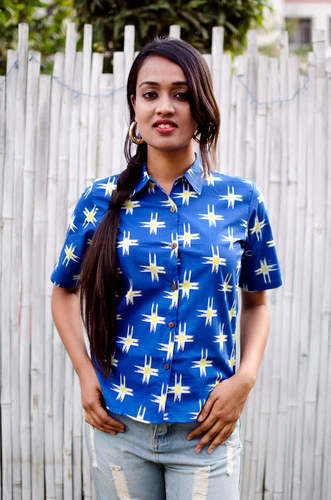 Blue Ikat Bell Sleeved Shirt