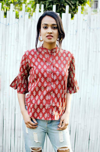 Pleated Bell Sleeved Screen Printed Shirt