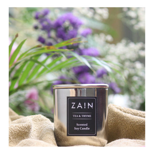 ZAIN Tea and Thyme Scented Natural Wax Metal Jar Candle