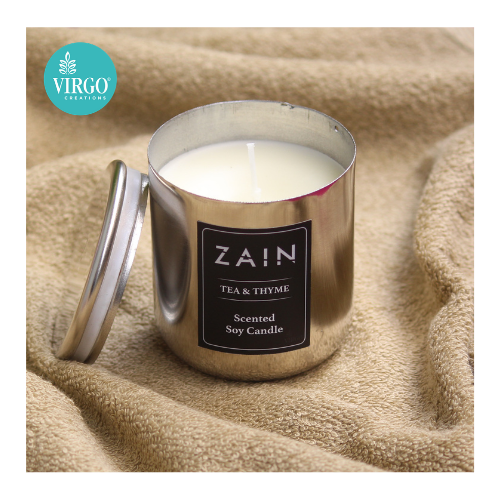 ZAIN Tea and Thyme Scented Natural Wax Metal Jar Candle