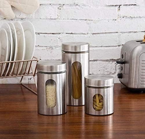 SET OF 3 PCS STAINLESS STEEL PLATED GLASS KITCHEN CANISTER