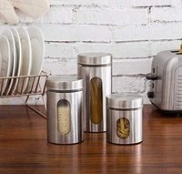 Set Of 3 Pcs Stainless Steel Plated Glass Kitchen Canister