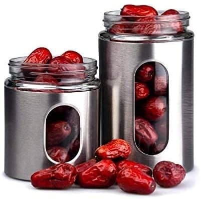 SET OF 3 PCS STAINLESS STEEL PLATED GLASS KITCHEN CANISTER