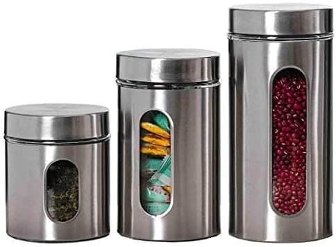 SET OF 3 PCS STAINLESS STEEL PLATED GLASS KITCHEN CANISTER