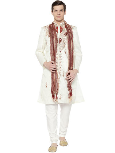 Cream Mens Embroidered Sherwani