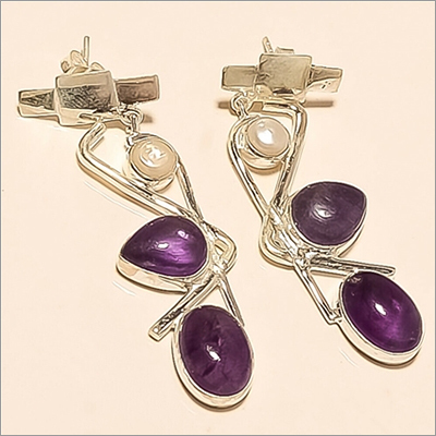 Sterling Silver Natural Panorama Amethyst And Pearl Earring