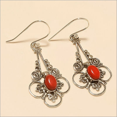 Sterling Silver Natural Italian Coral Jali Earring