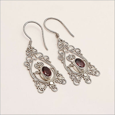 Sterling Silver Natural Mozambique Garnet Jaliwork Earring