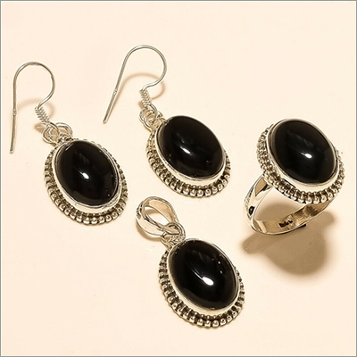 Sterling Silver Natural Egyptian Black Onyx Ring Earring Pendant Set