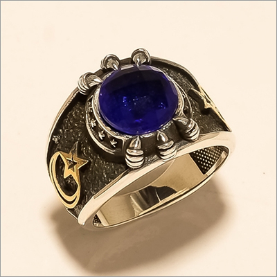 Engagement Mens Natural African Sapphire Crescent Moon Star Two Tone Ring