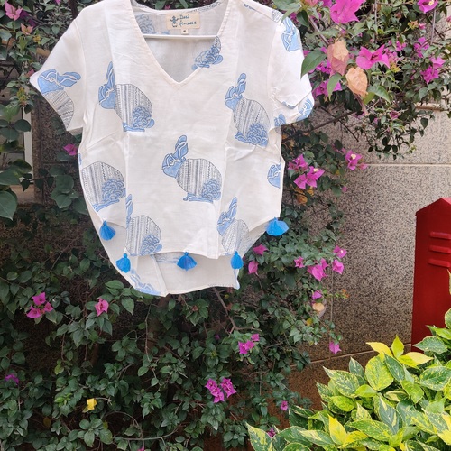 V Neck Printed Cotton Tops