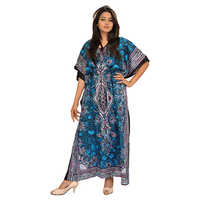Beach Kaftan - Polyester Material, One Size 55 Inches, Blue Printed Design - Short Sleeves, Pullover Closure