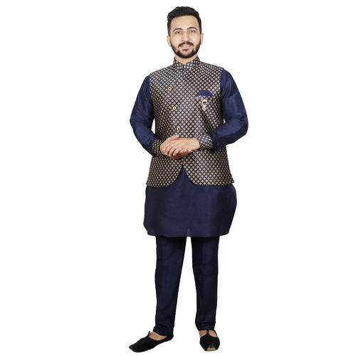 Men Raw Silk Kurta, Ethnic Jacket And Pant Set