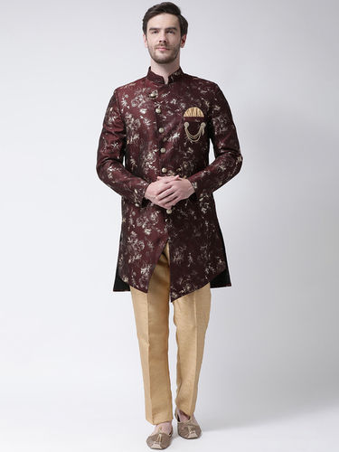 Maroon Men Raw Silk Indo Western Sherwani Set