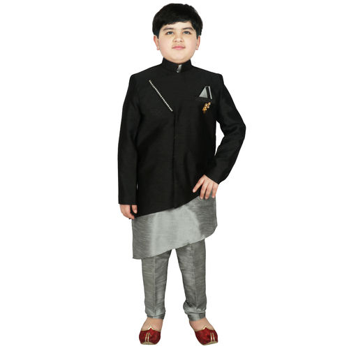 Boys Silk Kurta Set - Full Sleeve Ethnic Jacket, Asymmetric Kurta & Pant , Mandarin Collar, Summer Wear for Ages 2-16