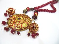 Ethnic Royal Razwada Red Color Pendant Necklace Set Costume Jewelry