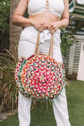 Cute And Colorful Eco-Friendly Hand Woven Jute Round Beach Bag