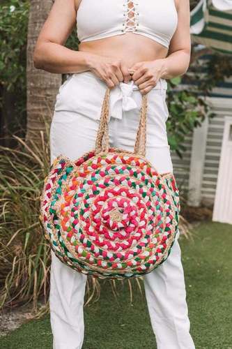 Cute And Colorful Eco-friendly Hand Woven Jute Round Beach Bag