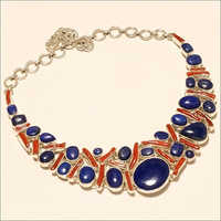Sterling Silver Natural Lapis Lazuli Red Coral Choker Necklace