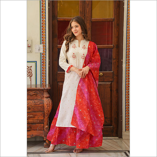 Bandhej Kurta Sharara And Dupatta Set