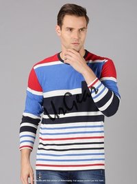 Men's Round Neck T-shirt - 100% Combed Cotton, Available In L, M, S, Xl, Xxl, Multicolor Striped Pattern, Bio-washed Softness, Long Sleeves