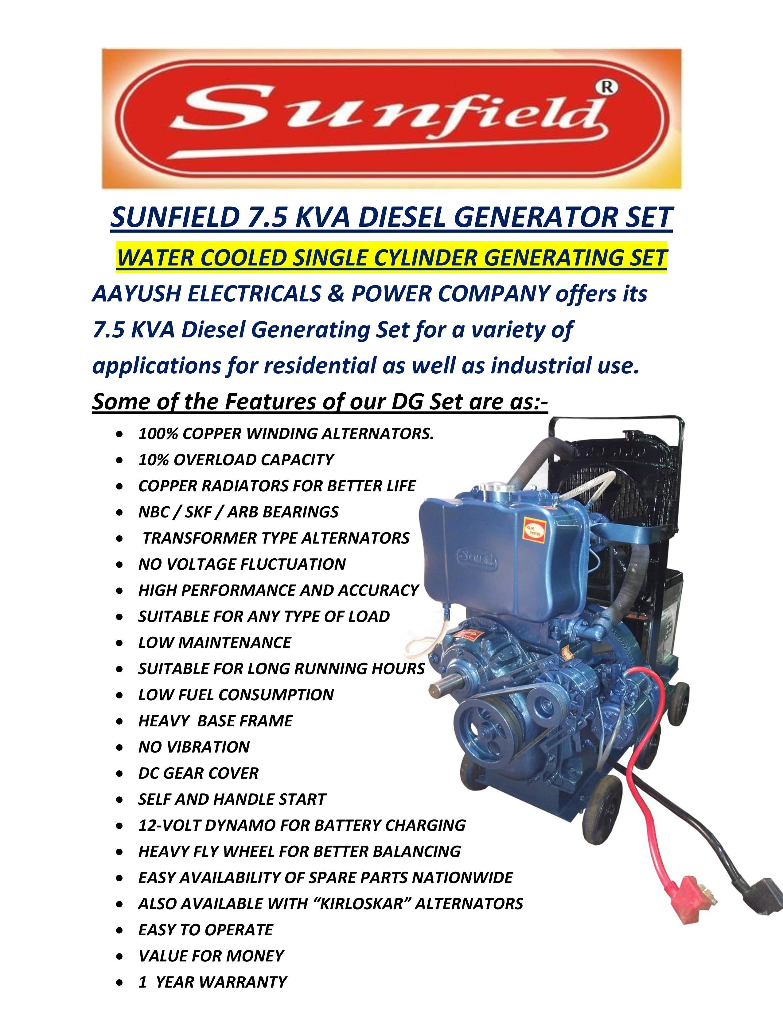 Self Start 7.5 KVA  Single Phase Diesel Generator