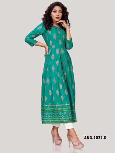 Ladies Fabfirki Kurti - Heavy 14kg Rayon, Size Set M to 5XL, Gold Print Design, Washable Fabric, Formal Style, Short Sleeve | Suitable for All Seasons